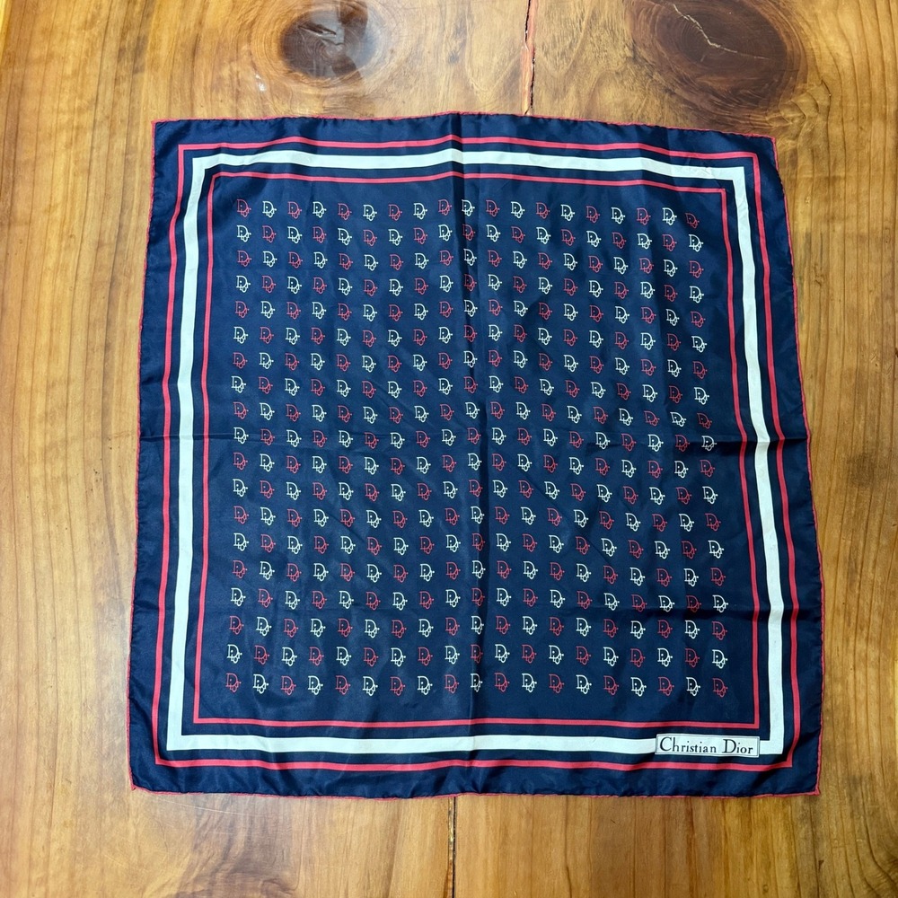 Vintage Christian Dior Scarf Silk Floral Square Red Blue Monogram Designer Y2